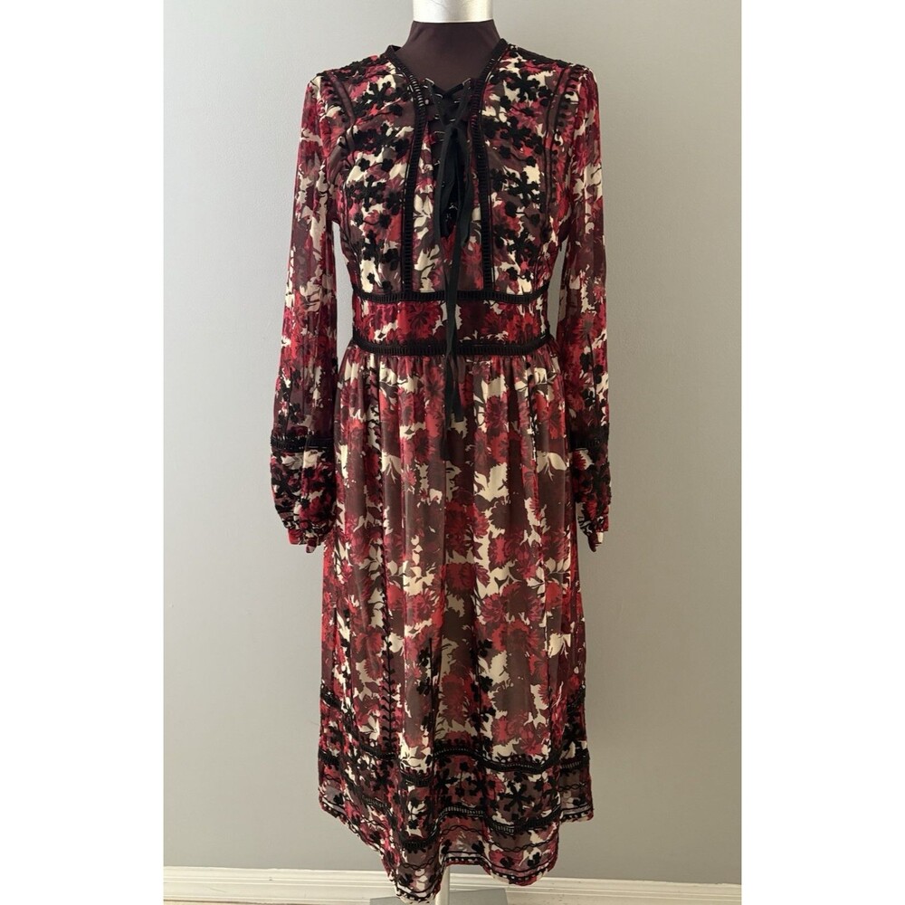 Topshop Corset Floral Maxi Dress Sz 8 Red Black Milkmaid Velvet Crochet Renfair